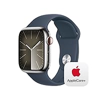 Apple Watch Series 9 [GPS + Cellular 41mm] Smartwatch with Silver Stainless Steel Case with Storm Blue Sport Band S/M with AppleCare+ (2 Years)