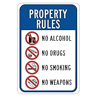 Funny Tin Metal Sign Property Rules No Alcohol Drugs Smoking Weapons Metal Sign Aluminum Sign 12x18 inch Home Wall Art Decor Signs