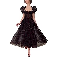 Maxianever Heart Tulle Prom Dresses Tea Length 2024 Corset A Line Puff Sleeves Formal Evening Party Gowns with Slit