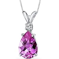 PEORA 14K White Gold Created Pink Sapphire and Genuine Diamond Pendant, Elegant Teardrop Solitaire, Pear Shape, 10x7mm, 2.50 Carats total