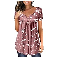 Plus Size Tops for Women,Tunic Trendy Sexy Short Sleeve Shirt V-Neck Button Loose Top Printed Casual Tees Blouse