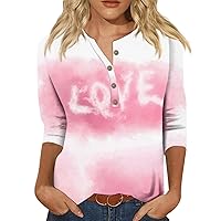Love Heart Shirt Valentines Day Plus Size Pullover Women Henry Collar 3/4 Sleeve Button Tops Blouse