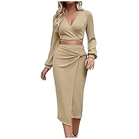 Tunic Dress, Women's Autumn and Winter Fashion Solid Color V-Neck Waist Long Sleeve Dress Fall for Women 2023 Vintage Christmas Dresses Photo Outfits Casual Dress Casual (L, Khaki)