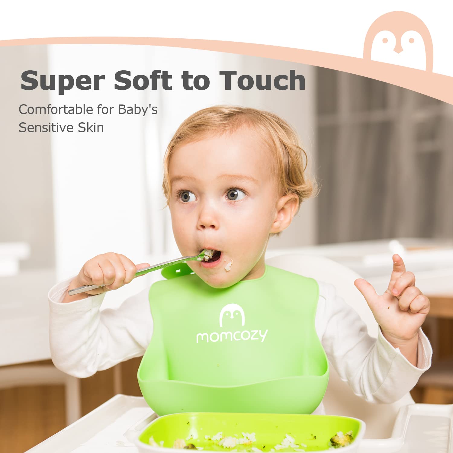Momcozy Silicone Baby Bibs Easily Clean, Soft Adjustable Waterproof Silicone Bibs (Green White and Grey)