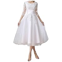 SABridal Womens Tea Length Lace Up Back 3/4 Sleeves Wedding Dress