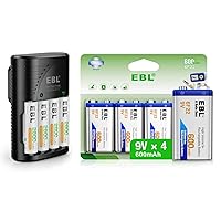 EBL Battery Charger with Foldable Wall Plug and Rechargeable AA Batteries 2800mAh (4 Pack) 9V Batteries 600mAh (4 Pack)