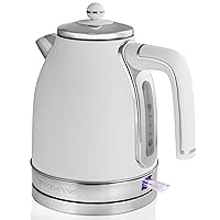 OVENTE Electric Stainless Steel Hot Water Kettle 1.7 Liter Victoria Collection, 1500 Watt Power Tea Maker Boiler with Auto Shut-Off Boil Dry Protection Removable Filter and Water Gauge, White Matte