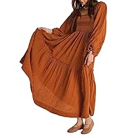 Women Casual Boho Maxi Dress Y2k Flowy Swing A Line Long Dress Puff Sleeve Loose Fit Tiered Beach Sundress