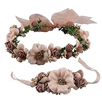 Women Flower Headband Hair Wreath Floral Garland Crown Halo Headpiece with Ribbon Wedding Festival Party Maternity Photo Props Bridal Bridesmaid Floral Head Piece Flower Girl Crown (Brown)