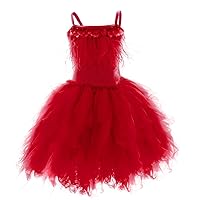 OBEEII Little Girl Swan Princess Feather Fringes Tutu Dress Pageant Party Wedding Dance Formal Birthday Short Tiered Gown