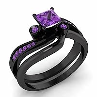 1.00 CT Princess Cut Prong Set Purple Amethyst Engagement Wedding Band Bridal Ring Set Sizable 14K Black Gold Over Sterling Silver