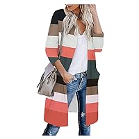 Womens Lightweight Long Cardigan Sweater Open Front Striped Color Block Long Sleeve Outerwear Fall Soft Cardigan Coat
