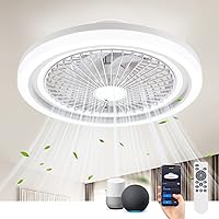 Low Profile Smart LED Flush Mount Ceiling Fan with Lights, 20'' White Small Enclosed Bladeless Ceiling Fan with Alexa/Google Assistant/App/Remote Control for Bedroom, Living Room, Kitchen