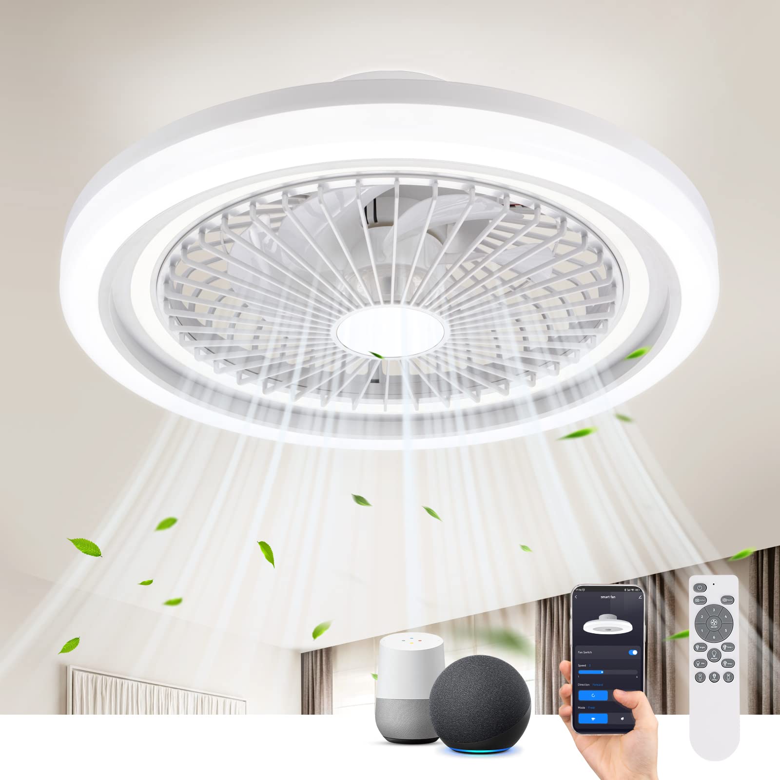 NookNova Low Profile Smart LED Flush Mount Ceiling Fan with Lights, 20'' White Small Enclosed Bladeless Ceiling Fan with Alexa/Google Assistant/App/Remote Control for Bedroom, Living Room, Kitchen