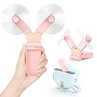 Koonie Portable Handheld Fan, Foldable Battery Operated Fan with Dual Head, 2 Speeds, Small Pocket Fan for Travel, Makeup Eyelash Fan for Indoor Outdoor Pink