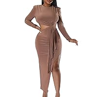 Women's Sexy Long Sleeve Cutout Dress Crewneck Twist Knot Backless Midi Dresses Long Bodycon Slit 2 Pieces Dress