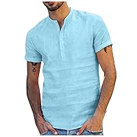 Mens Sexy V Neck Shirts Plain Button Linen T-Shirt Casual Fitted Tee Tops Short Sleeve Summer Beach Holiday T Shirt