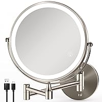 Rechargeable Wall Mounted Makeup Mirror Brushed Nickel, 8.5'' Magnifying Mirror with Lights Double-Sided 1X/10X 360° Rotation Extension Bathroom Shaving Mirror with Foldable Arm