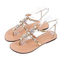 Summer Women Diamond Sandals Lady T-Strap Thong Flip Flops Slippers Femal Beach Shoes Plus Size Gold 14