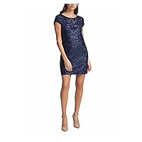 Vince Camuto Womens Sequined Zippered Cap Sleeve Boat Neck Short Party Sheath Dress