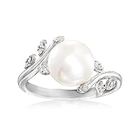 Ross-Simons 9-9.5mm Cultured Pearl Vine Ring With Diamond Accents in Sterling Silver