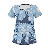 Easter Egg Print Tee Women's Summer Tshirt Short Sleeve Tops Trendy Blouse Slant Collar 2024 Double Pocket Shirt