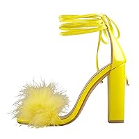 Richealnana Women's Fuzzy Cozy Strappy Open Toe Dress Artificial Feather Heeled Sandals
