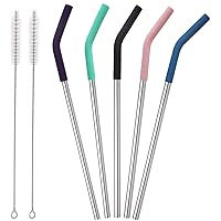 Senneny Set of 5 Stainless Steel Straws with Silicone Flex Tips Elbows Cover, 2 Cleaning Brushes and 1 Portable Bag Included (Silver)- 6mm diameter