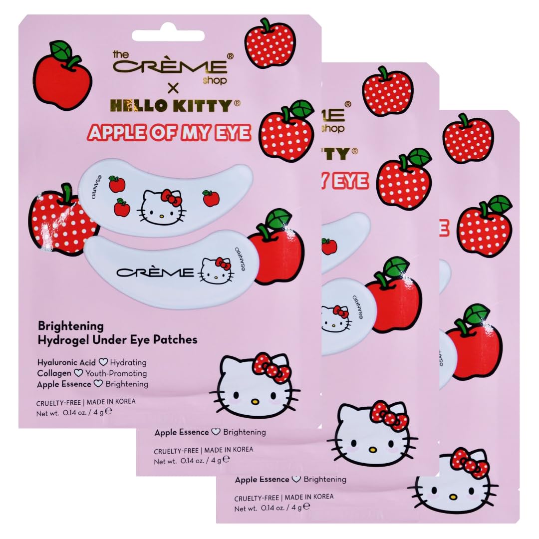 The Creme Shop Hello Kitty Apple Of My Eye Hydrogel Brightening Under Eye Patches with Hyaluronic Acid Collagen Apple Essence for Concentrated Hydration Plumpness and Sparkling Bright Eyes (Set Of 3)