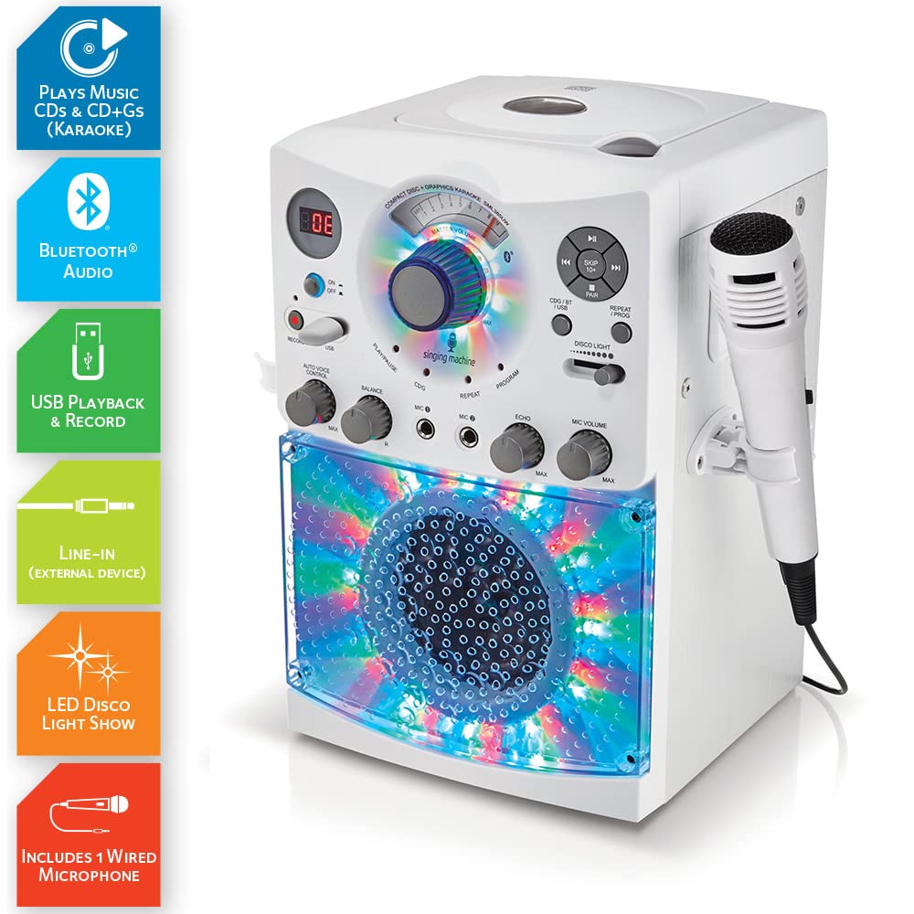 Singing Machine Portable Karaoke Machine for Adults & Kids with Wired Microphone, White - Built-In Karaoke Speaker, Bluetooth with LED Disco Lights - Karaoke System with CD+G Player & USB Connectivity