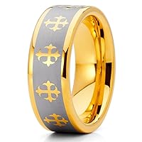 Silly Kings 8mm Yellow Gold Tungsten Carbide Wedding Ring Cross Wedding Band Religious