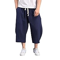 Men's Loose Cotton Linen Shorts 3/4 Length Summer Casual Boho Long Shorts Elasticated Waist Wide Leg Beach Yoga Trouser