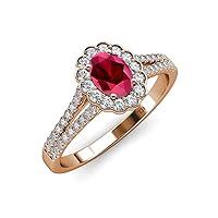 Oval 7x5mm Ruby & Natural Diamond Split Shank Halo Engagement Ring 1.65 ctw 14K Rose Gold