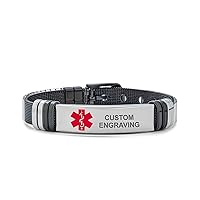 Bling Jewelry Unisex Personalize Engravable Identification Name Tag Plated Medical ID Bracelet Wrist Band Belt Buckle Mesh Bracelet For Men Women Black Stainless Steel Adjustable