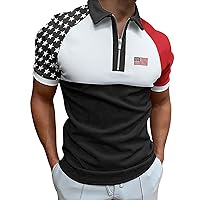 Mens Pocket Tee Shirts Flag Print Patriotic Shirts Slim Fit Short Sleeve Golfs Zipper T Shirts Tie Front Shirts