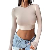 Women's Sexy Long Sleeve Crop Top Crew Neck Fitted Basic Tees Tight Cropped T-Shirts Blouse Streetwear