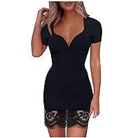 Fashion Women V-Neck Lace Splicing Short Sleeve Casual Sexy Dress for Party Slim Mini Dress