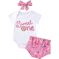 Baby Girls Birthday Outfits Sweet One/Two Sweet/Three is So Sweet Romper Shirts Candy Print Flared Pants Headband Set