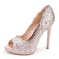 XYD Women Peep Toe Platform Rhinestones Studded Bridal Pumps Satin Super High Heels Slip On Wedding Event Dress Shoes