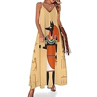 Egypt Anubis Women's Long Dress V-Neck Spaghetti Strap Maxi Dress Printed Sling Beach Party Dresses