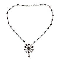 NOVICA Handmade Garnet Y Necklace Floral from India .925 Sterling Silver Red Pendant Sangria Bollywood Birthstone 'Crimson Allure'