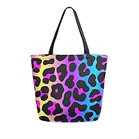 ALAZA Leopard Print Cheetah Neon Gradient Large Canvas Tote Bag Shopping Shoulder Handbag with Small Zippered Pocket