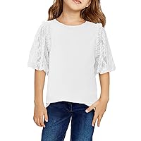 Girls Summer Lace Short Sleeve Shirts Kids Fashion Crewneck Blouses Tops 5-14 Years