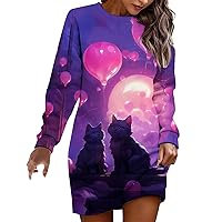 White Dress Women Summer Long,Womens Valentines Day Cat Print Round Neck Long Sleeved Casual Dress (2) Womens H