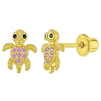 Gold Plated Pink Cubic Zirconia Turtle Screw Back Earrings for Kids & Teens - A Great and Meaningful Gifts for Animal Lovers - Sparkling Pink CZ Turtle Earrings with Screw-on Backs for Girls