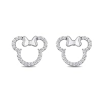 Mickey Mouse & Minnie Mouse 1/5 Ctw CZ Diamond Outline Fashion Studs Earrings 14K White Gold Plated .925 Sterling Sliver For Women's Girls