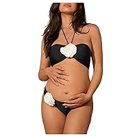 Women's Maternity Two Piece Bikini Sets Bathing Suit 3D Rose Halter Tie Backless Low Waisted Bikini Sets Beachwear