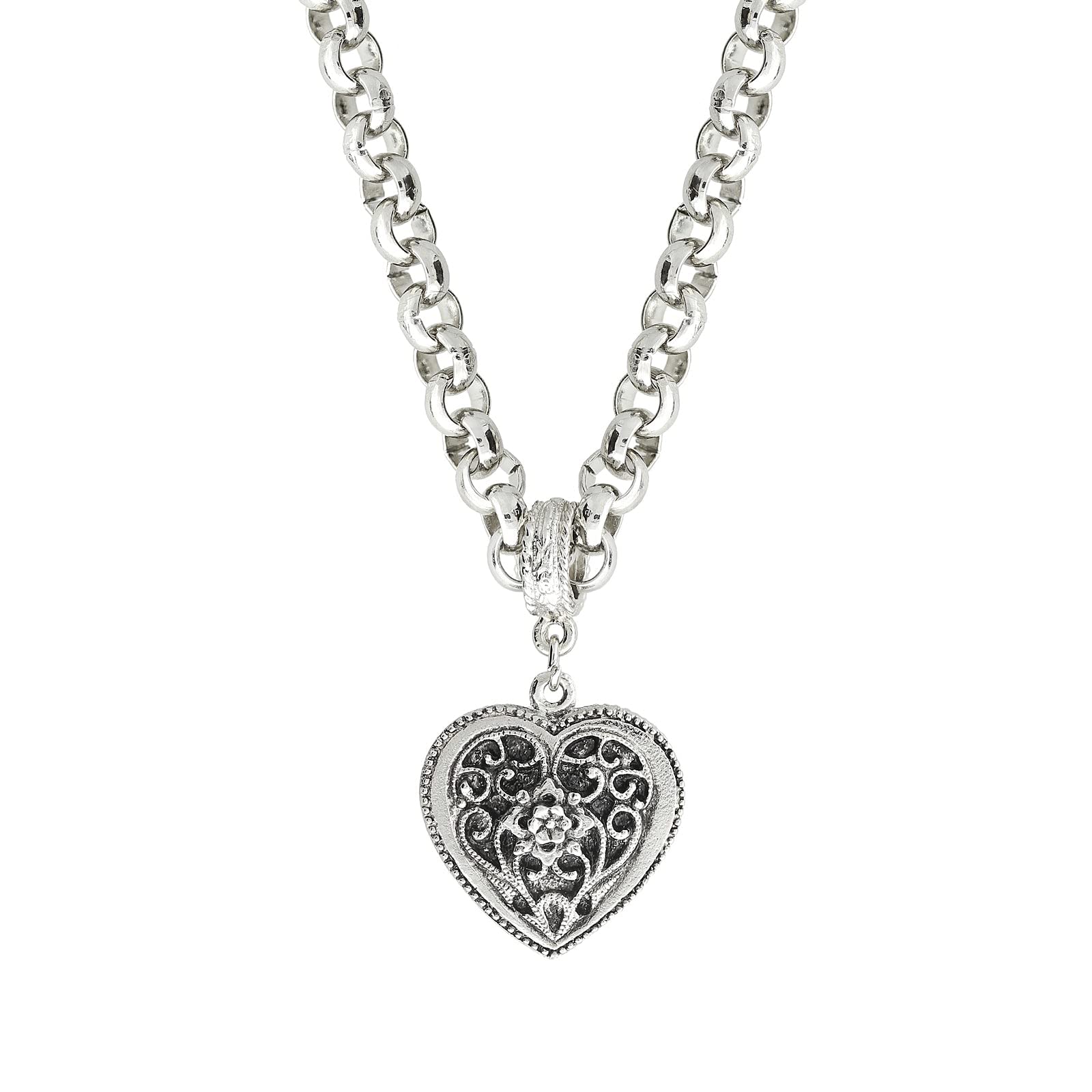 1928 Jewelry Double Sided Flower Accent Heart Pendant Filigree Necklace For Women 16