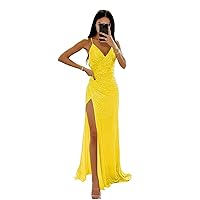 Mermaid Sequin Prom Dresses - V Neck Long Slit Spaghetti Strap Sparkly Formal Dresses