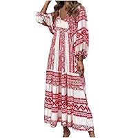 Women's Casual Summer Maxi Dress 2024 Fashion Printed Bubble Sleeve V Neck Smocked Tiered Ruffle Long Dresses Dresses for Funeral for Women 2024 Vestidos De Verano para Mujer